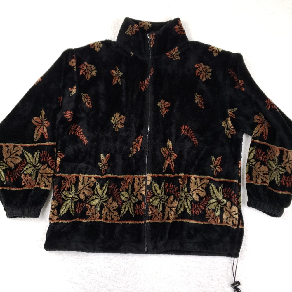 Anywear Fleece Jacket Womens XL Black Autumn Leaf Full Zip Mock Neck Canada Made
